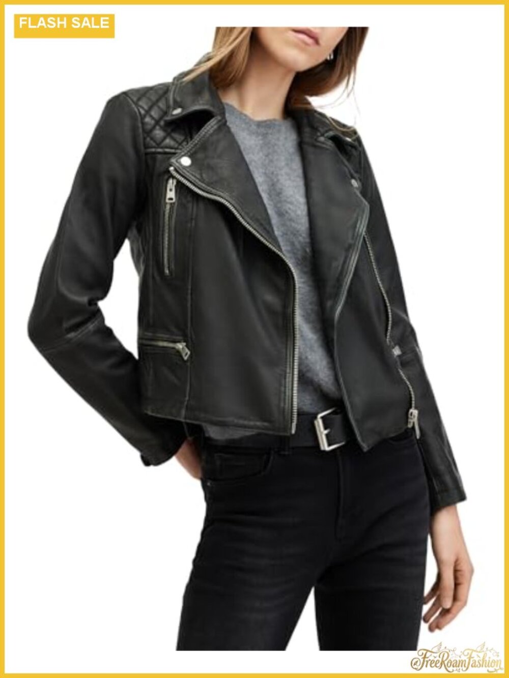 AllSaints Cargo Leather Biker Jacket Collar Long Sleeve Regular Fit